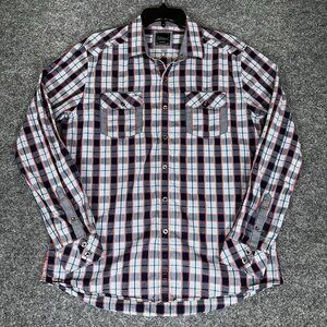 7 Diamonds Shirt Men Large Blue Plaid Long Sleeve Button Up Casual Pockets Adult